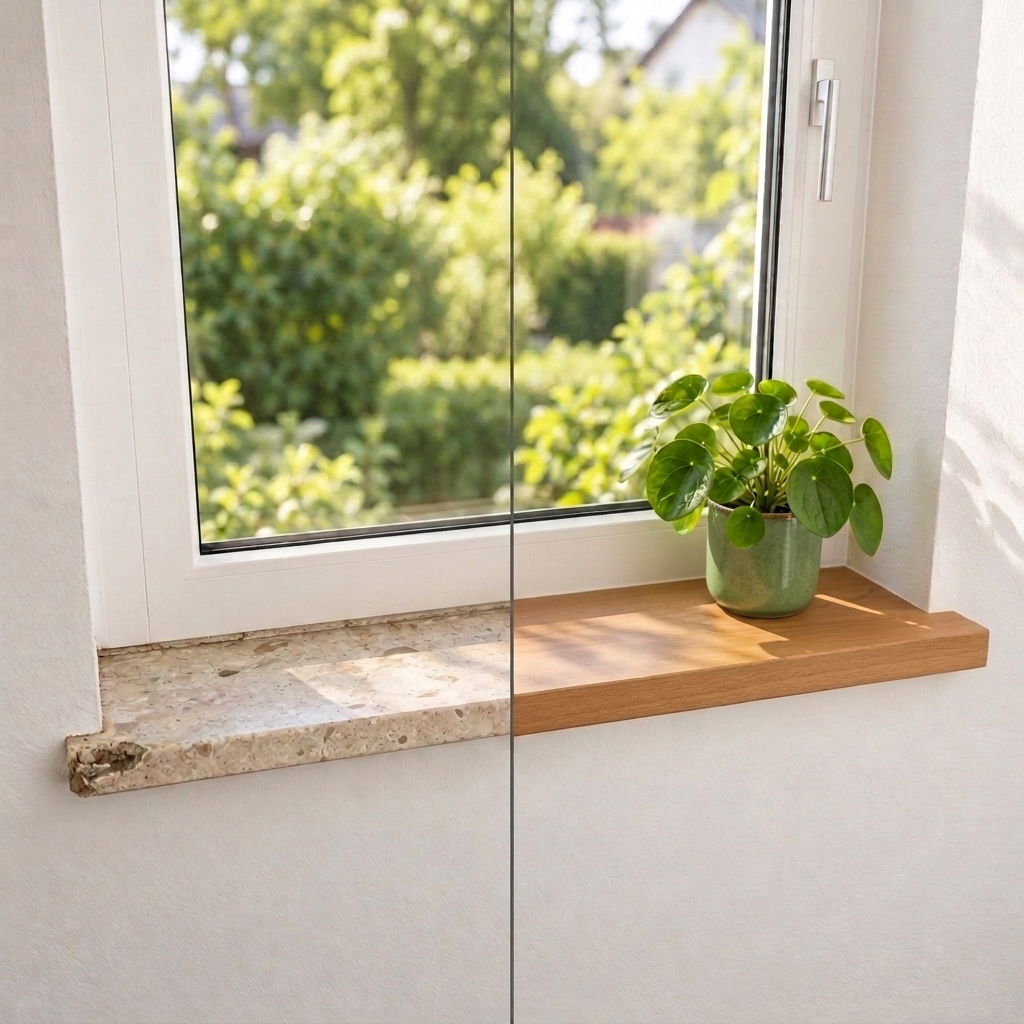 Renovierungsfensterbank Buche braun gebeizt am Fenster, Vorher-Nachher: alte Steinfensterbank links, Holzauflage rechts