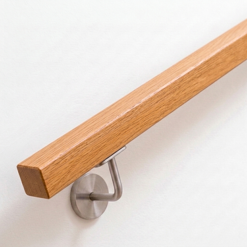 Handlauf Roteiche quadratisch an weißer Wand mit Edelstahl-Wandhalter, warme Eichenmaserung, gerades Ende