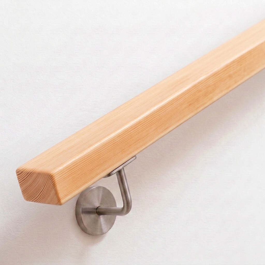 Handlauf Kiefer rechteckig in hellem Nadelholz mit Maserung, Edelstahl-Handlaufhalter an weißer Wand, Ende gerade