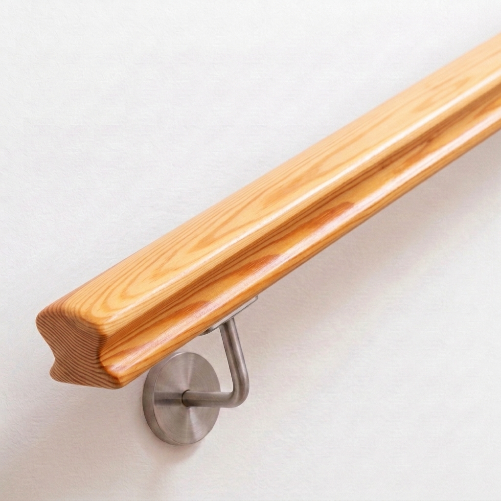 Handlauf Kiefer omega mit profiliertem Querschnitt und gelblicher Maserung, Edelstahl-Handlaufhalter an weißer Wand
