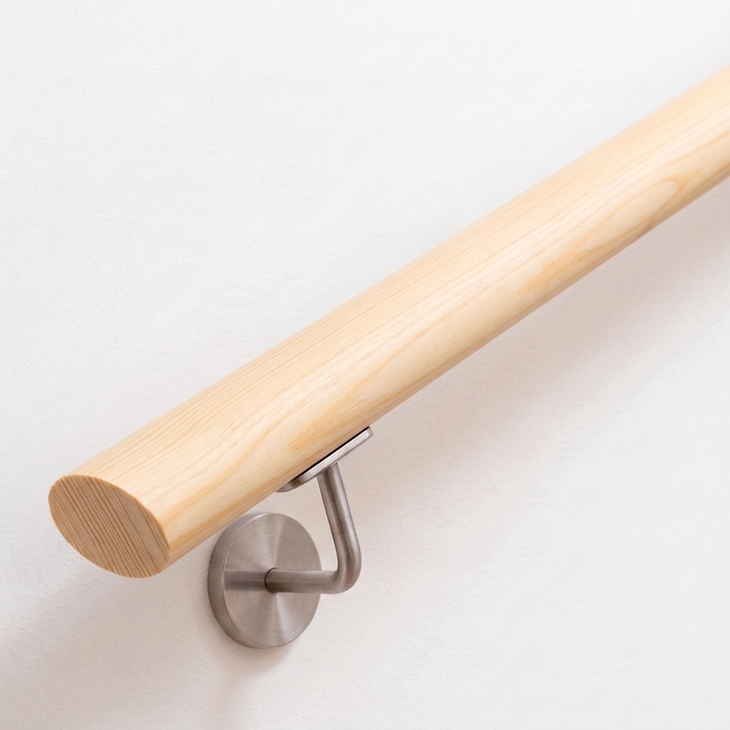 Handlauf Fichte oval natur mit Edelstahl-Handlaufhalter an weißer Wand, Diagonalansicht mit sichtbarer Maserung