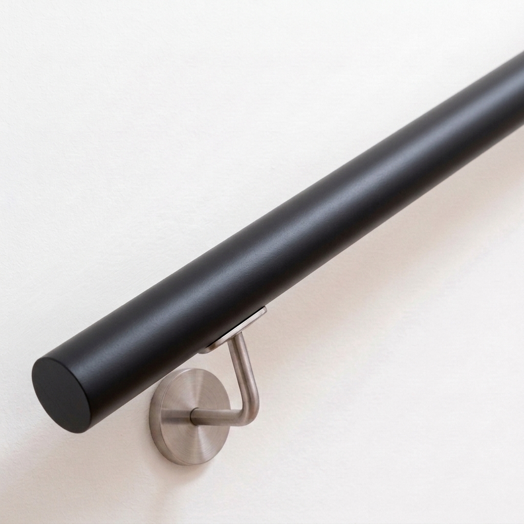 Handlauf Buche rund schwarz lackiert mit Edelstahl-Handlaufhalter an weißer Wand, Ende gerade, Ansicht schräg von oben