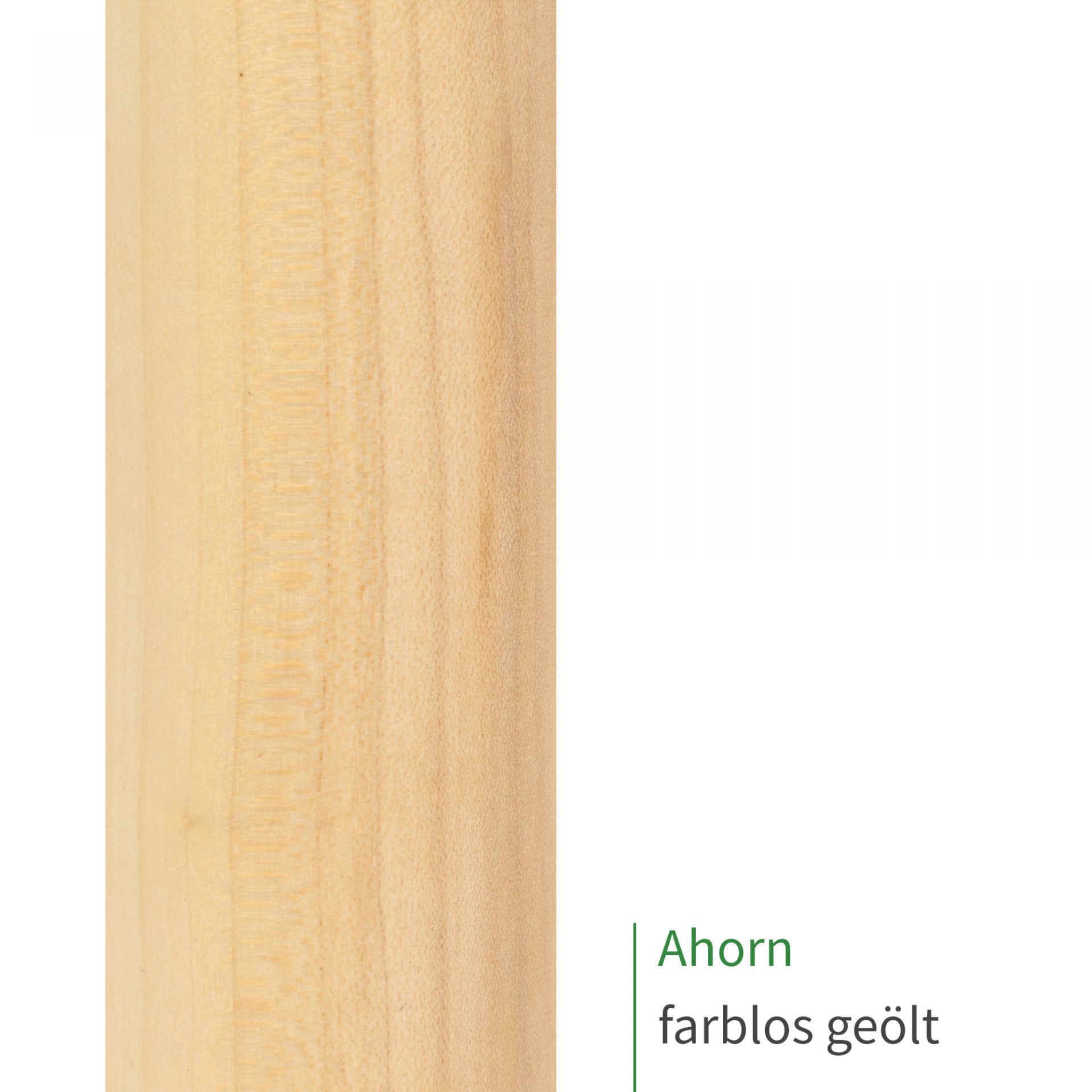 Oberflächenmuster Handlauf Ahorn farblos geölt, rundes Holz mit heller warmer Maserung, Nahaufnahme hochkant
