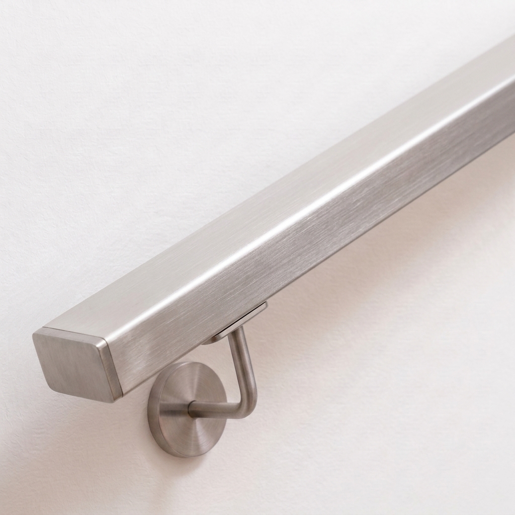 Handlauf Edelstahl rechteckig mit Edelstahl-Wandhalter, diagonal an weißer Wand, Nahaufnahme des flachen Profils