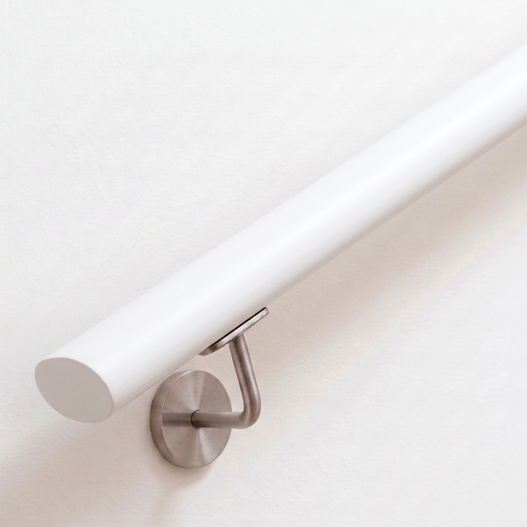 Handlauf Buche oval weiß lackiert an weißer Wand mit Edelstahl-Wandhalter, glatte Oberfläche, gerades Ende