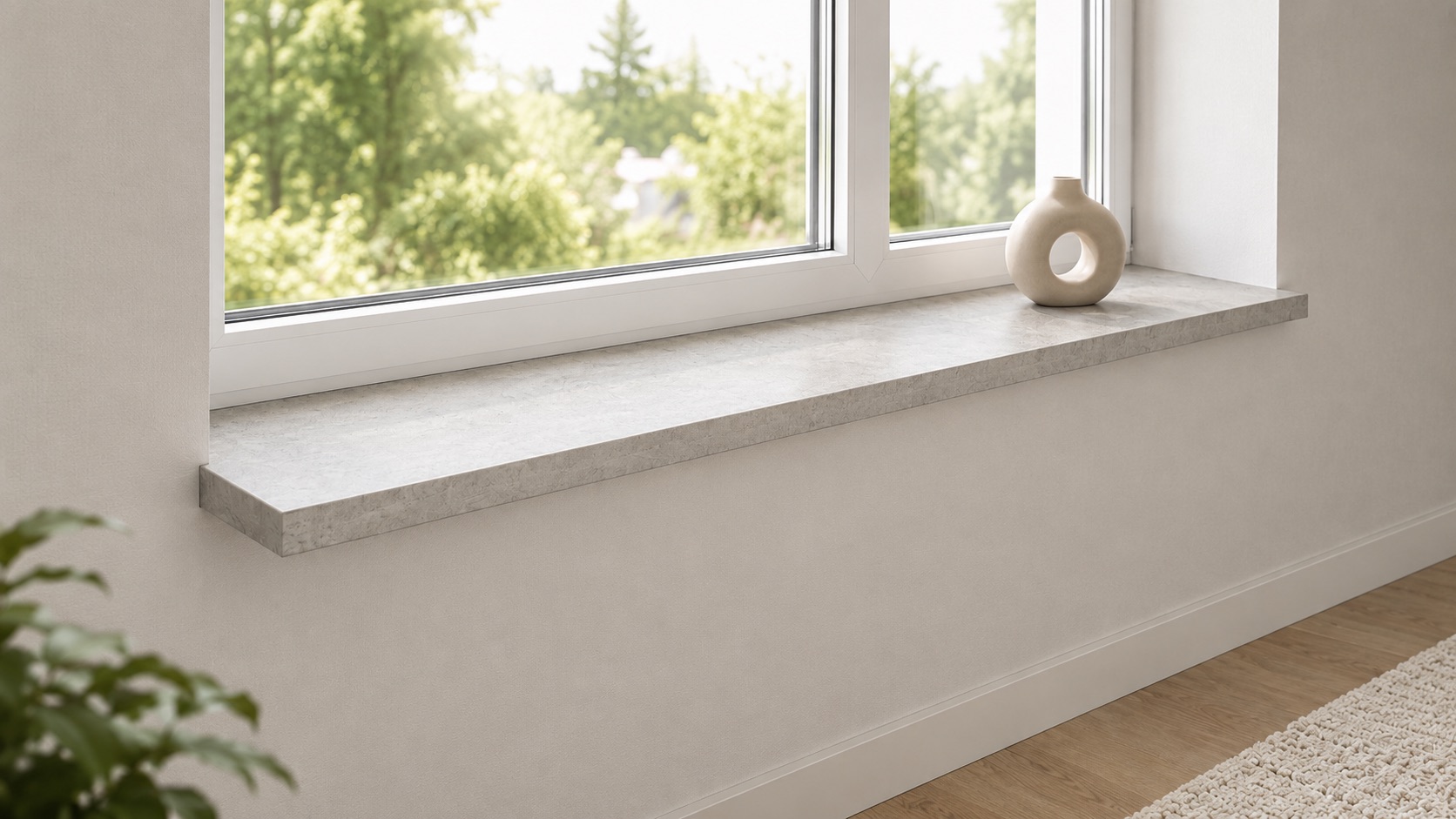 Fensterbank kunststoffbeschichtet hellgrau in Stein-Optik am weißen Fenster mit kleiner Vase, Blick ins Grüne