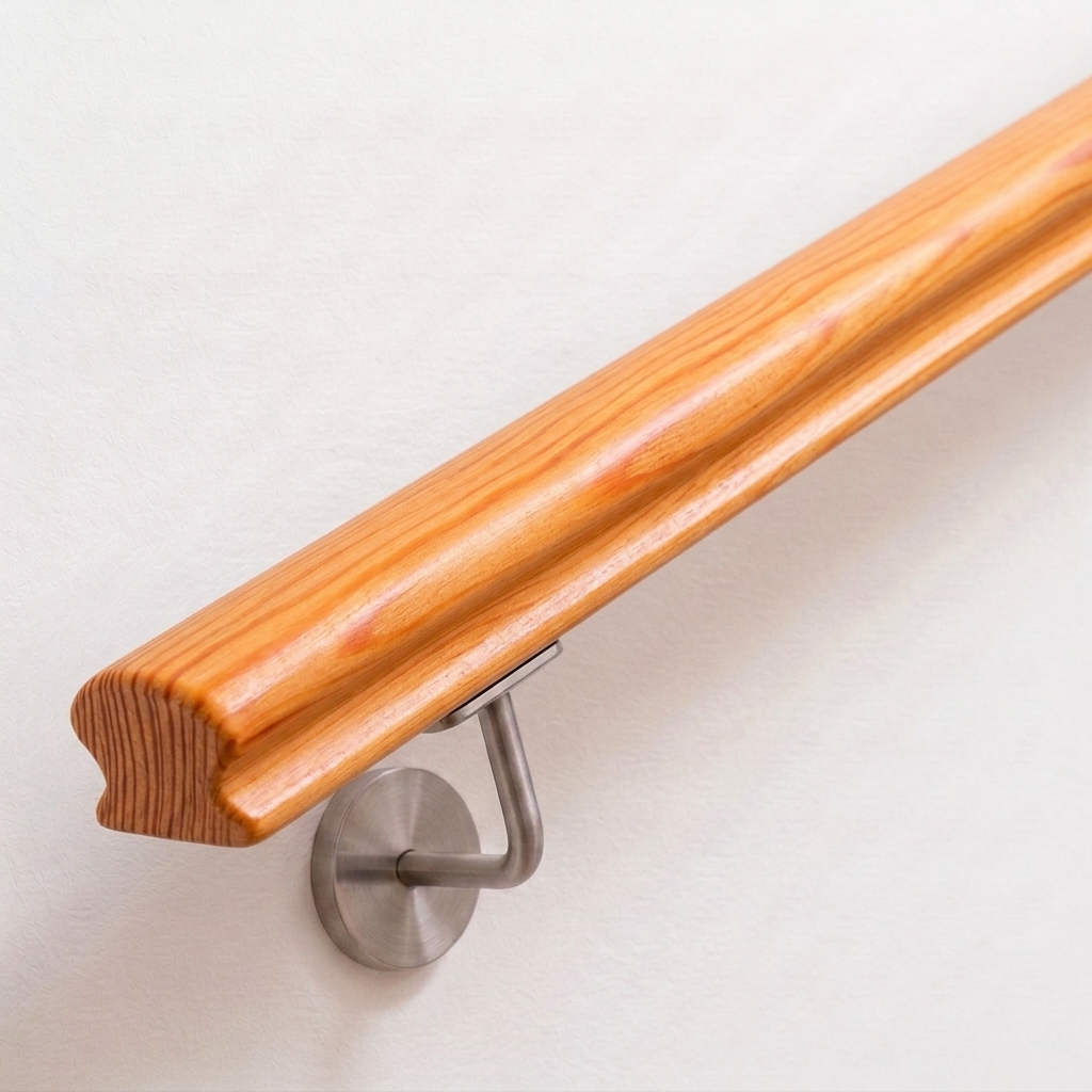Handlauf Lärche omega mit profiliertem Querschnitt und rötlich-gelber Maserung, Edelstahl-Handlaufhalter an weißer Wand