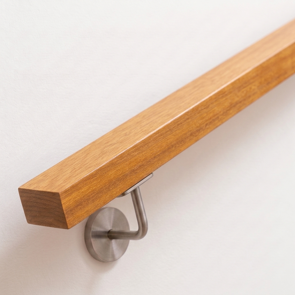 Handlauf Kambala rechteckig in goldbraunem Holz mit Edelstahl-Handlaufhalter an weißer Wand, Ende gerade, Ansicht schräg
