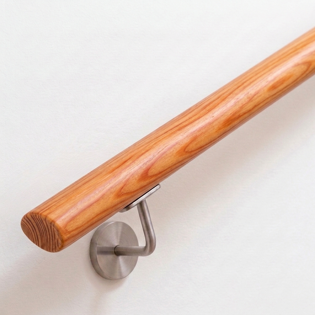 Handlauf Lärche oval mit rötlich-gelber Maserung und Edelstahl-Handlaufhalter an weißer Wand, Ende gerade, Ansicht schräg