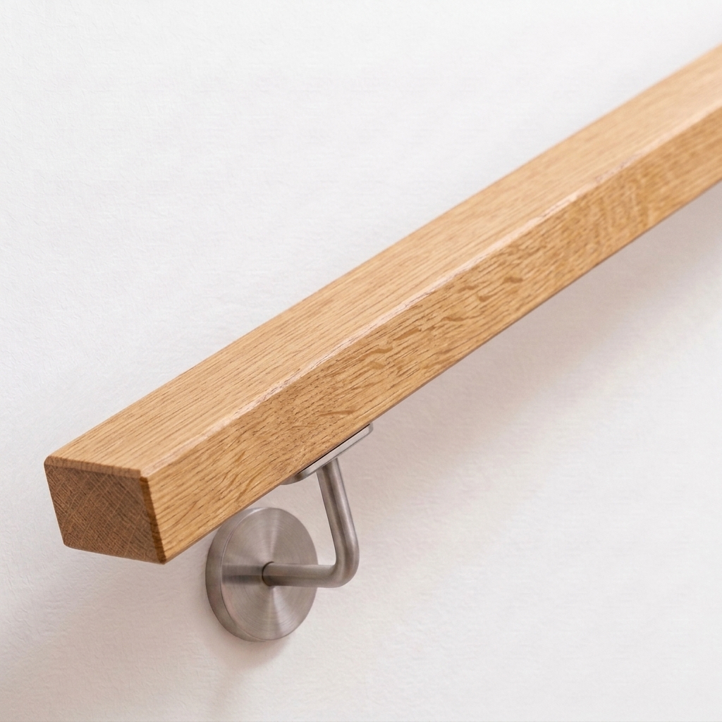 Handlauf Eiche rechteckig mit Edelstahl-Handlaufhalter an weißer Wand, Freisteller schräg von vorn, Eichenholz mit Maserung