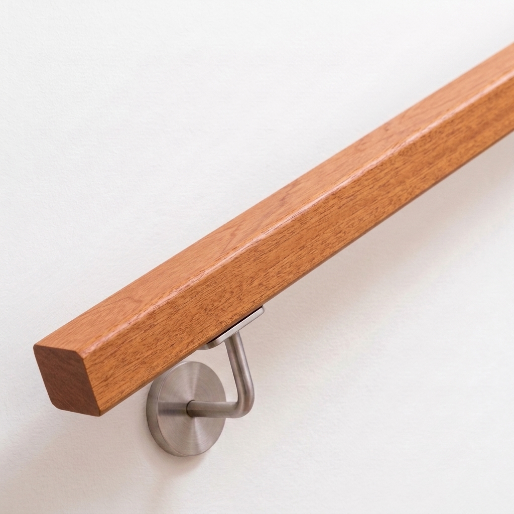 Handlauf Mahagoni quadratisch in rotbraunem Holz mit Edelstahl-Handlaufhalter an weißer Wand, Ende gerade, Ansicht schräg