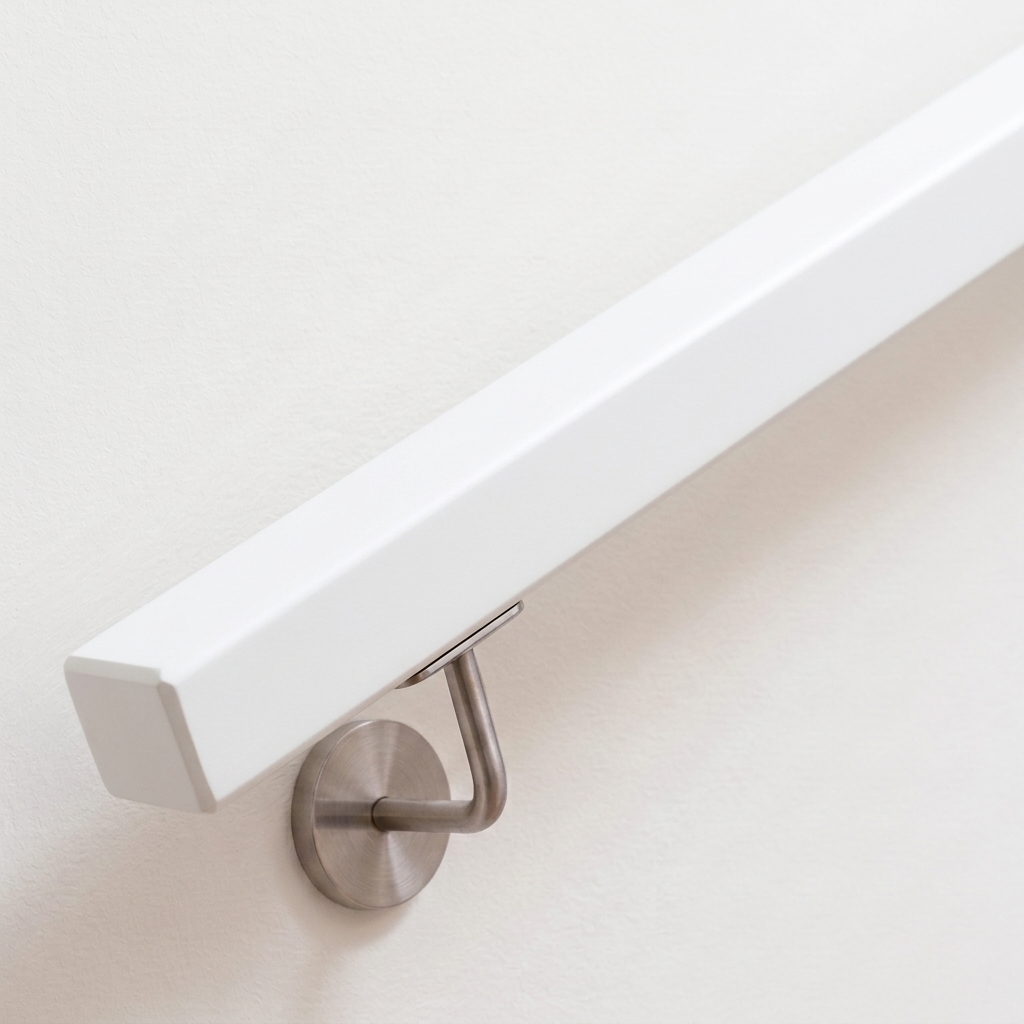 Handlauf Buche quadratisch weiß lackiert an weißer Wand mit Edelstahl-Wandhalter, gerades Ende, Schrägansicht