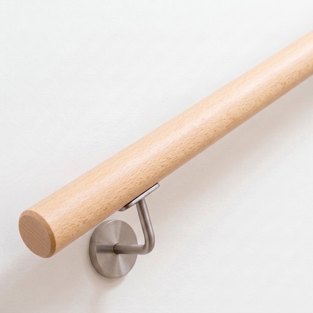 Handlauf Buche rund, helles glattes Holz, an weißer Wand mit Edelstahl-Handlaufhalter montiert, Ansicht schräg von unten