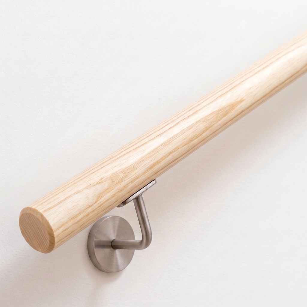 Handlauf Esche rund in hellem Holz mit feiner Maserung und Edelstahl-Handlaufhalter an weißer Wand, Ende gerade