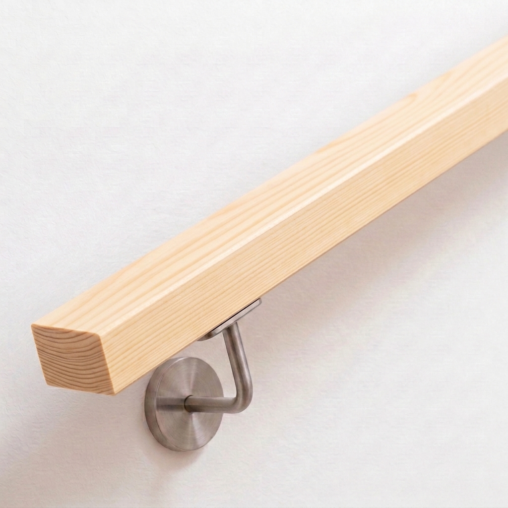 Handlauf Fichte rechteckig in hellem Nadelholz mit Maserung, Edelstahl-Handlaufhalter an weißer Wand, Ende gerade
