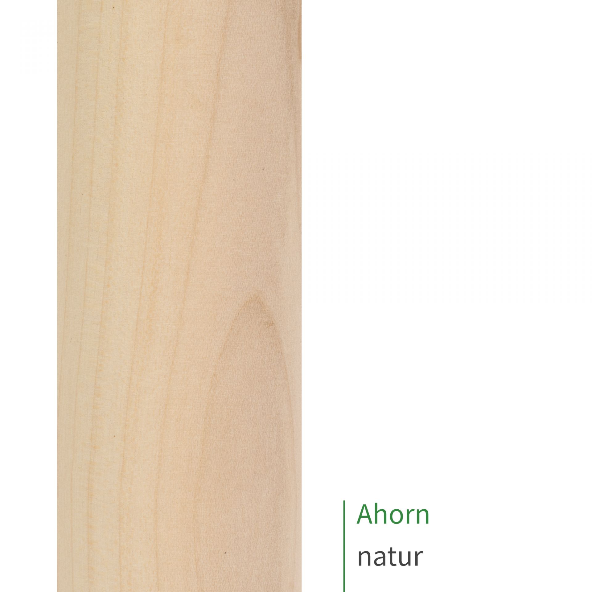 Oberflächenmuster Handlauf Ahorn natur unbehandelt, rundes Holz mit sehr heller feiner Maserung, Nahaufnahme hochkant