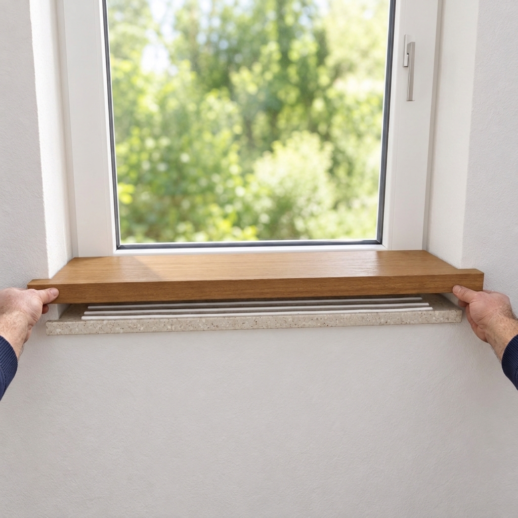 Renovierungsfensterbank Buche braun gebeizt wird mit beiden Händen auf die alte Steinfensterbank am Fenster aufgelegt