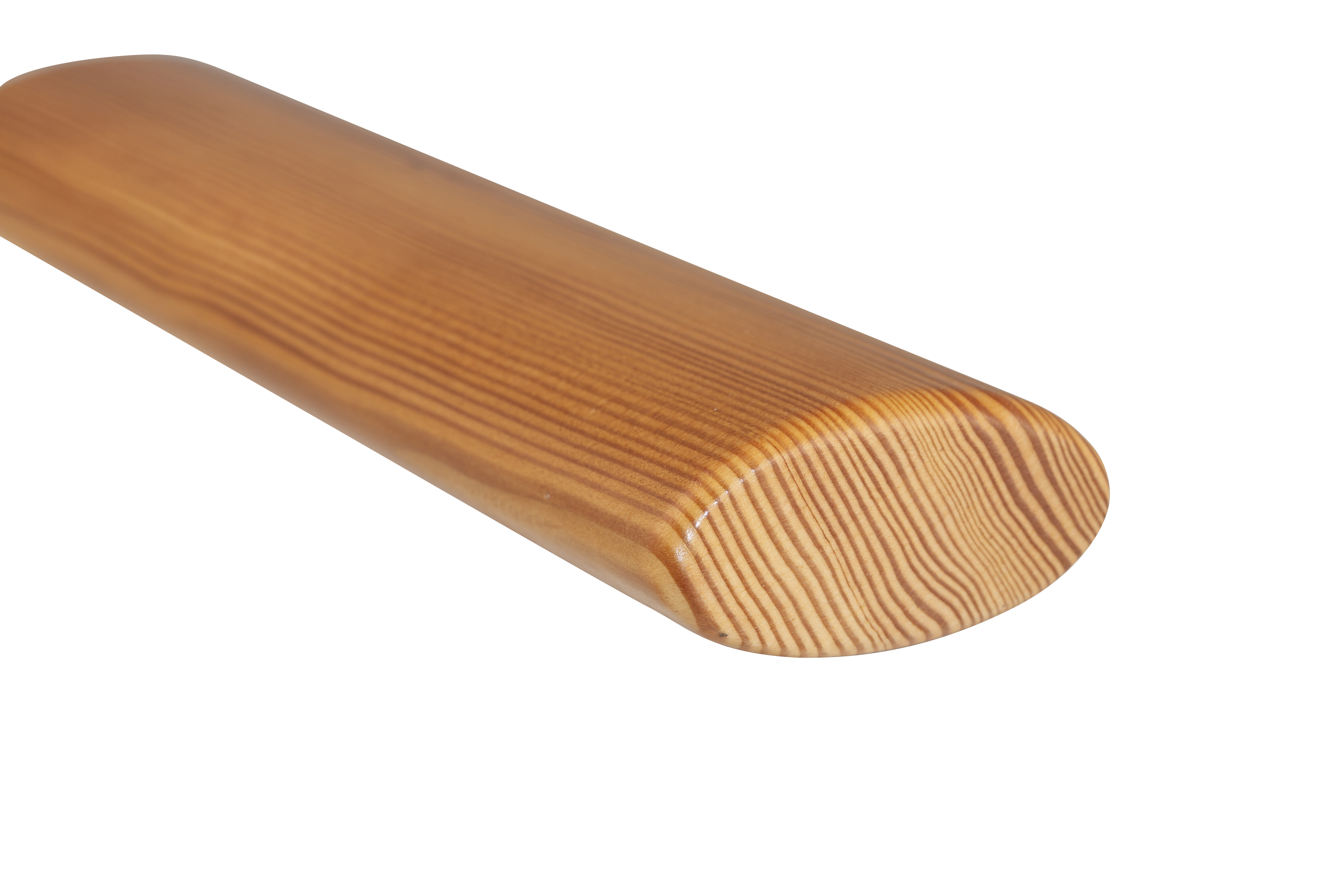 Handlauf Lärche oval, Nahaufnahme des Endes mit Jahresringen auf der Stirnseite und kräftiger rötlicher Maserung