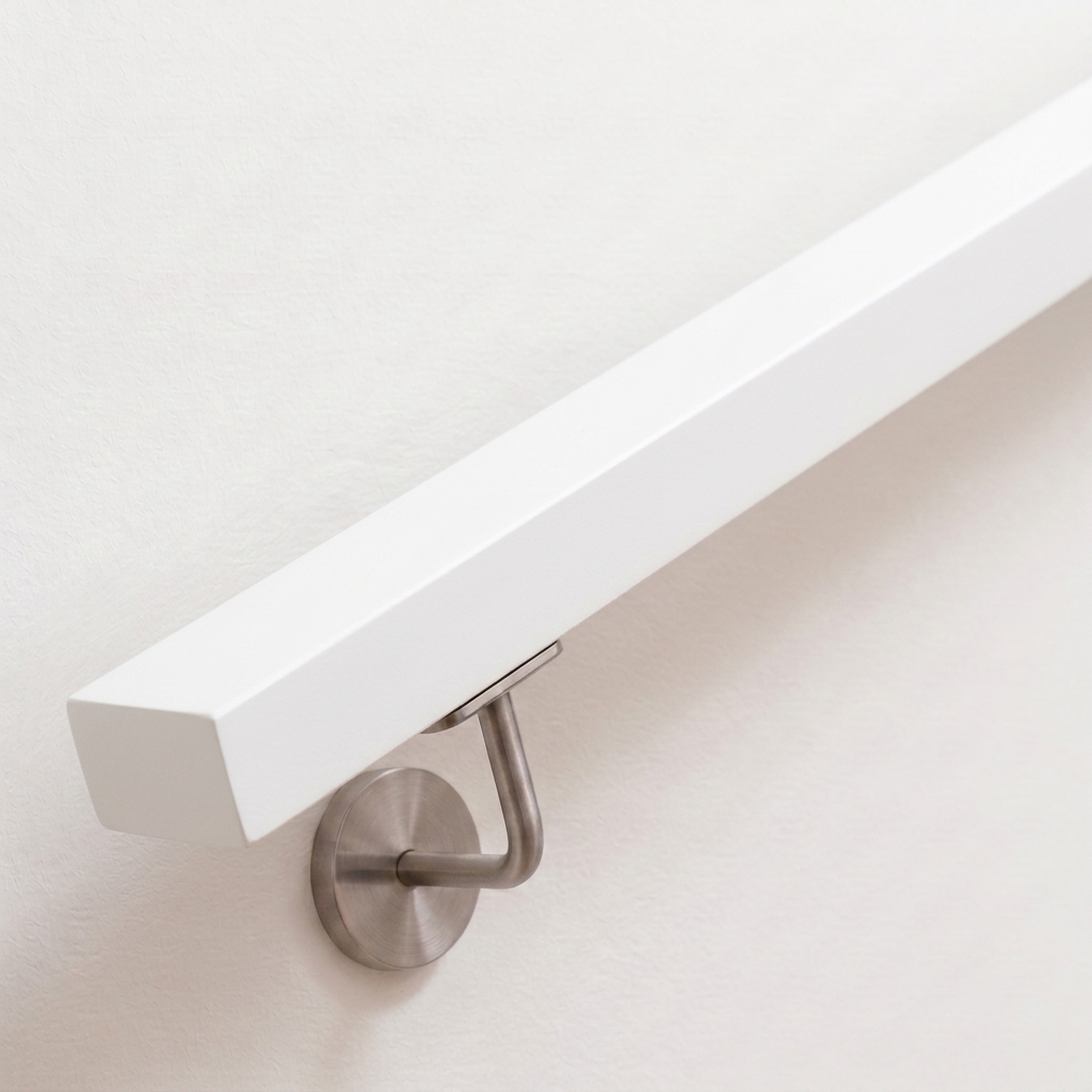 Handlauf Buche rechteckig weiß an weißer Wand, Edelstahl-Handlaufhalter mit runder Wandrosette, Schrägansicht